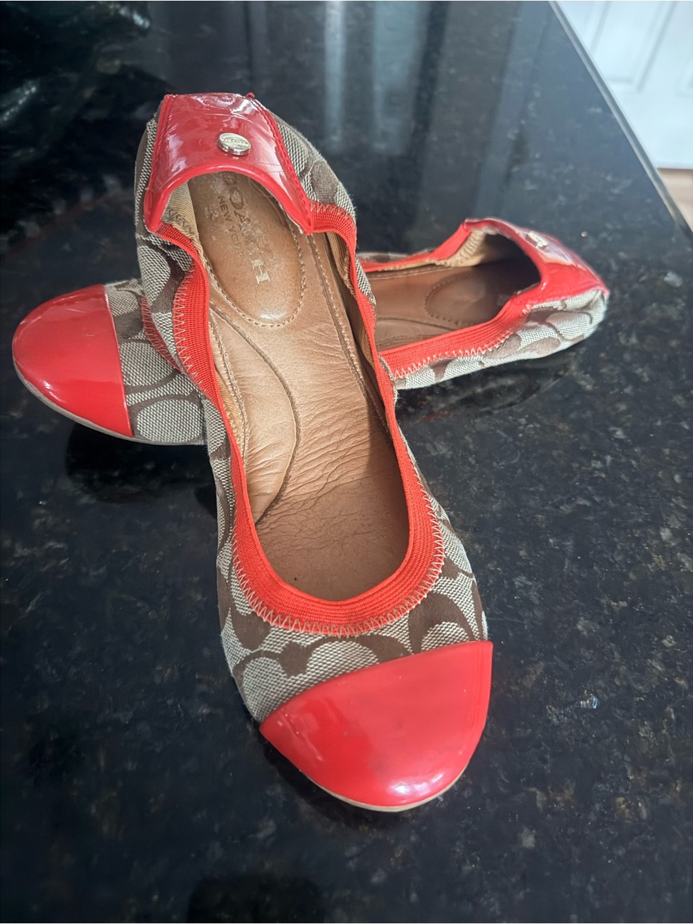 Coach Brown Signature Canvas Ballet Flats with Red Patent Cap Toe